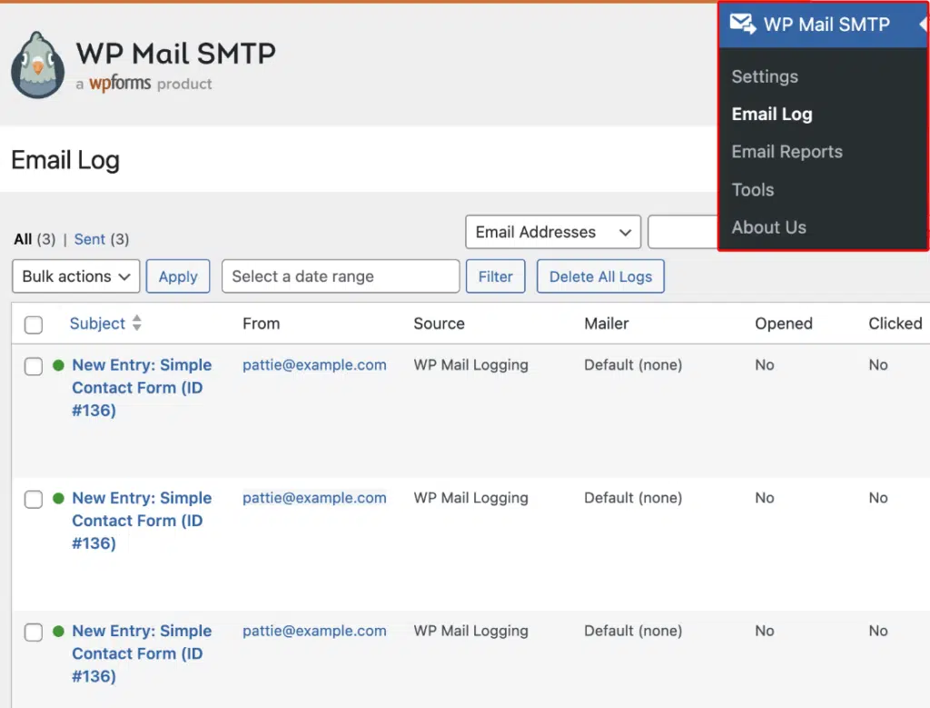 WP Mail SMTP email log showing the delivery status of each email sent from WordPress