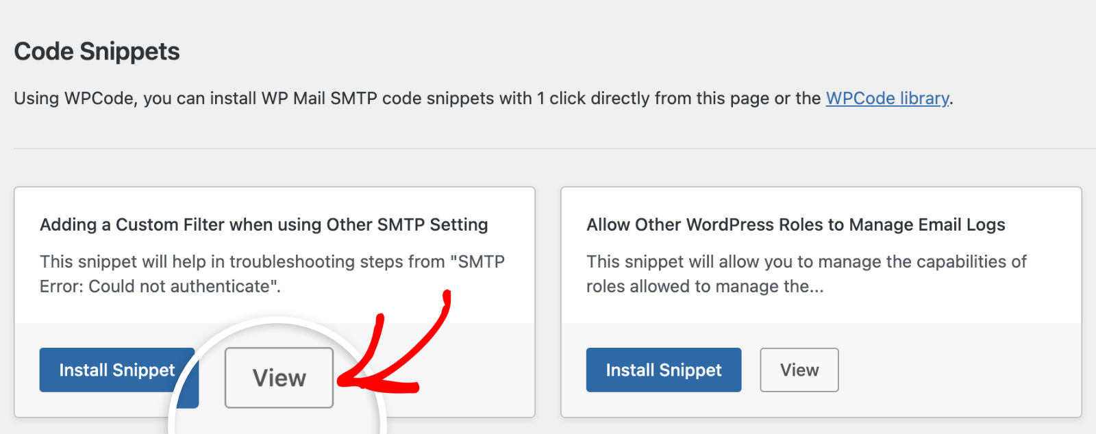 A WP Mail SMTP snippet card with its title, description, and the Install Snippet and View buttons
