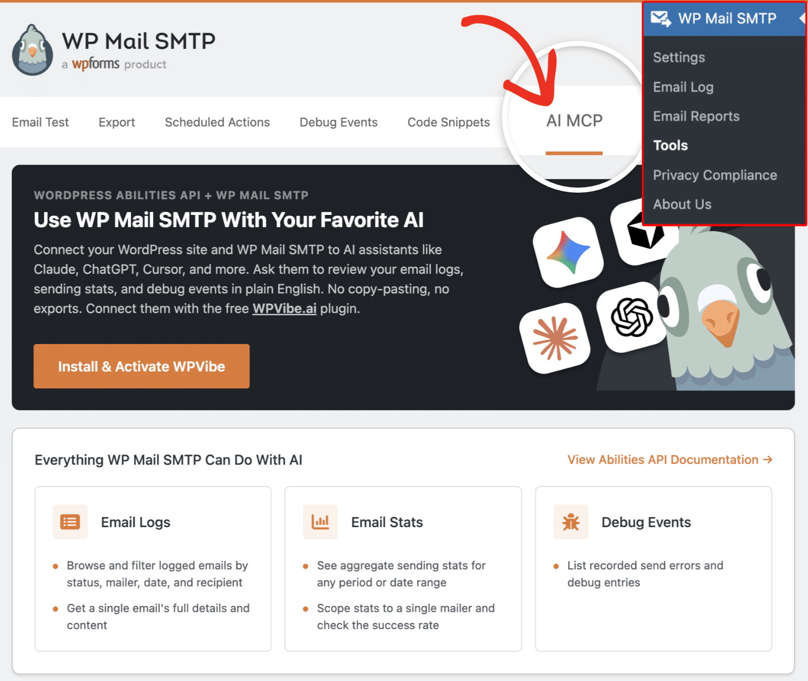 Écran Outils WP Mail SMTP avec l'onglet IA MCP ouvert