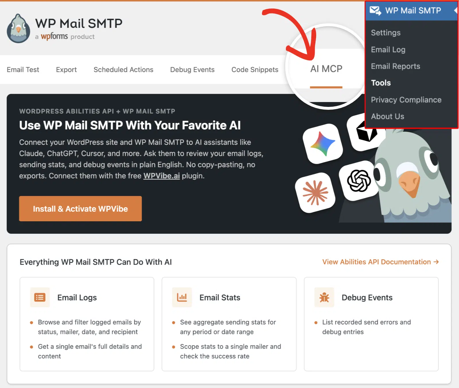 WP Mail SMTP Tools screen with the AI MCP tab open