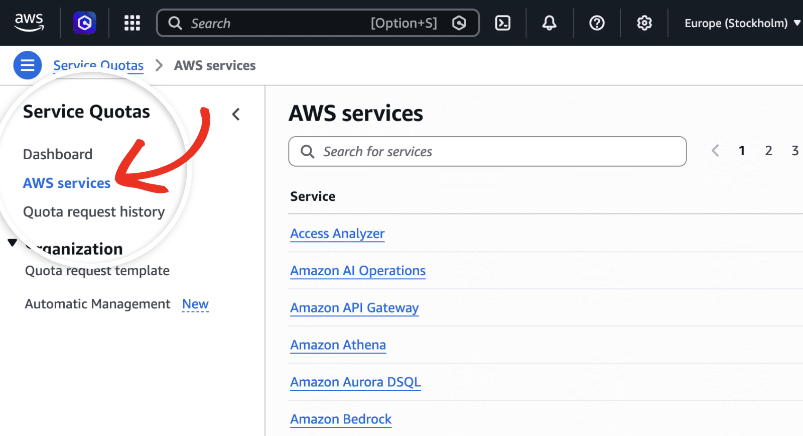 Searching for the IAM service in the AWS console