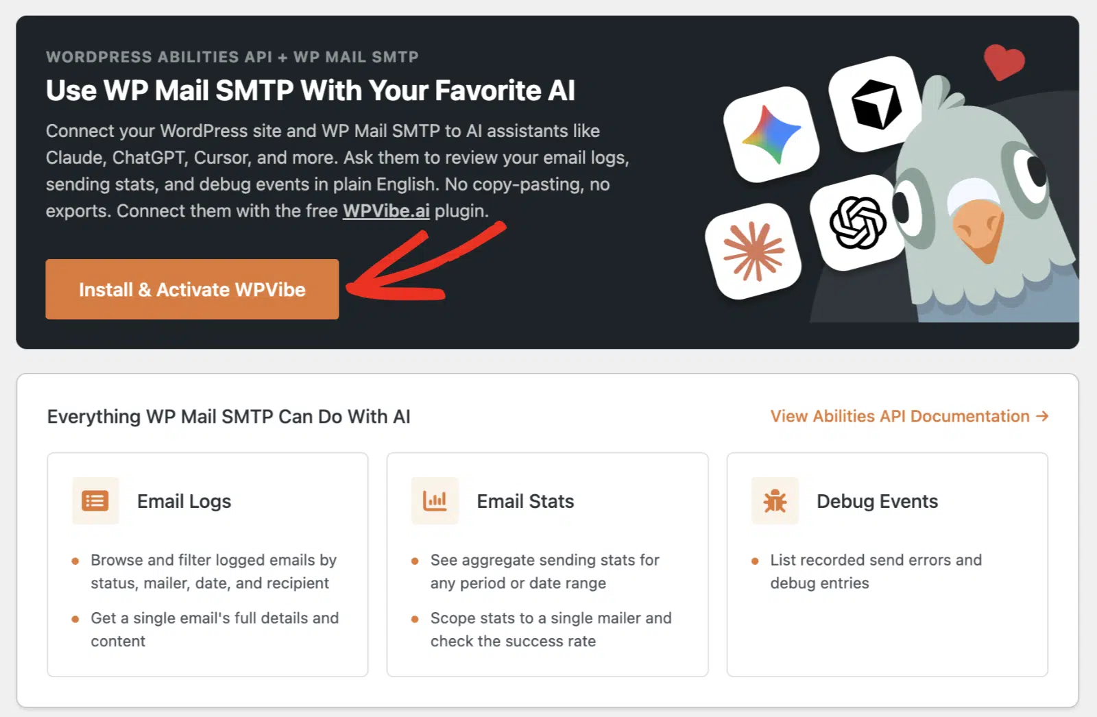 AI MCP panel with an arrow pointing to the Install and Activate WPVibe button