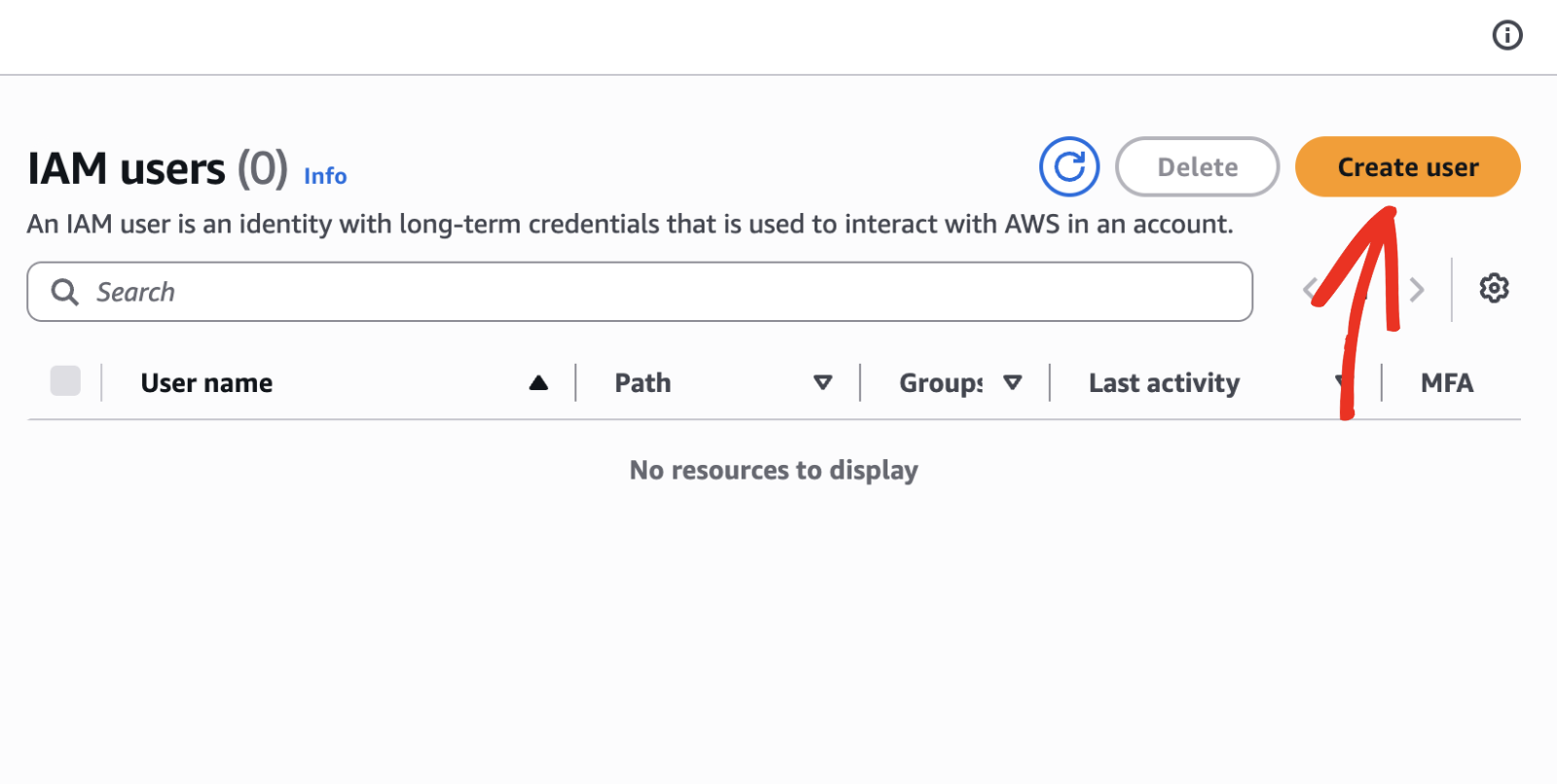 The IAM Users page with the Create user button
