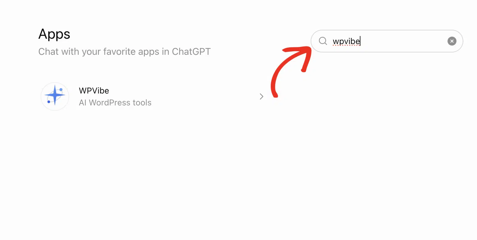 ChatGPT Apps directory with wpvibe typed into the search box