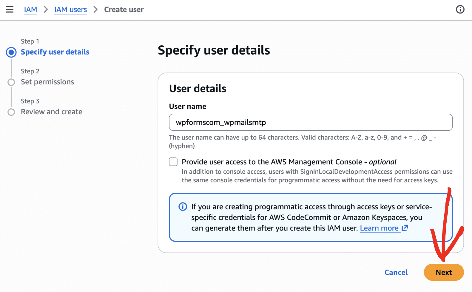 Entering the IAM user name and clicking Next