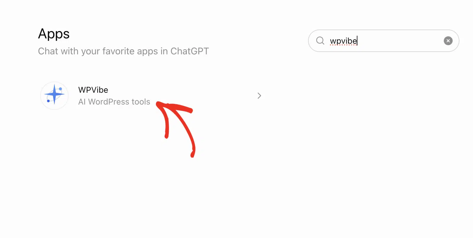 ChatGPT Apps results showing the WPVibe AI WordPress tools listing