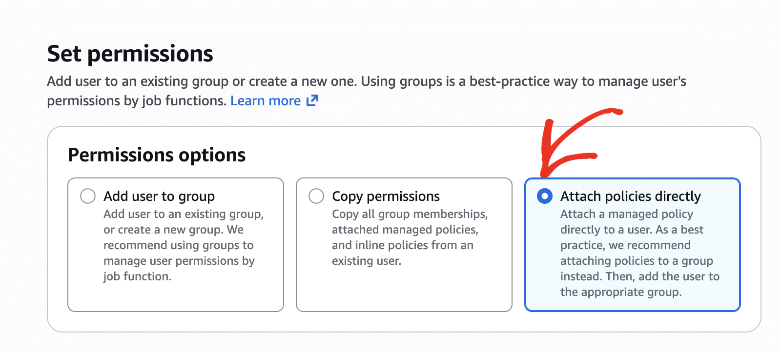 Selecting Attach policies directly on the permissions screen