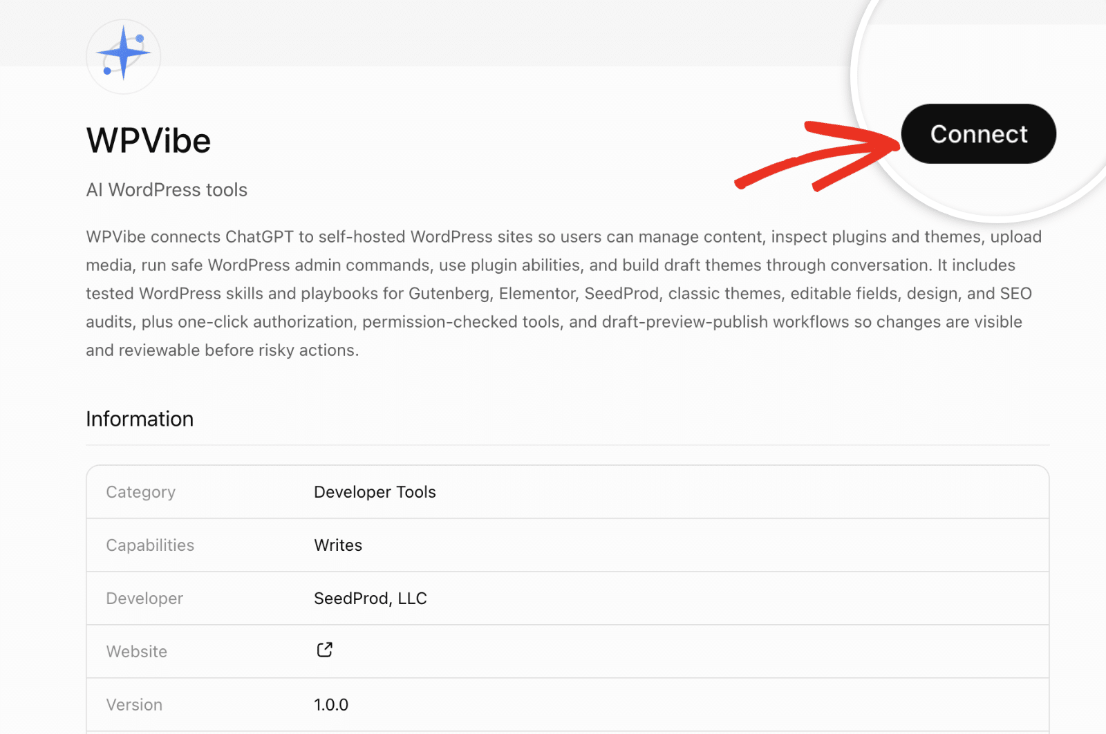 Page de l'application WPVibe dans ChatGPT avec le bouton Connecter mis en surbrillance