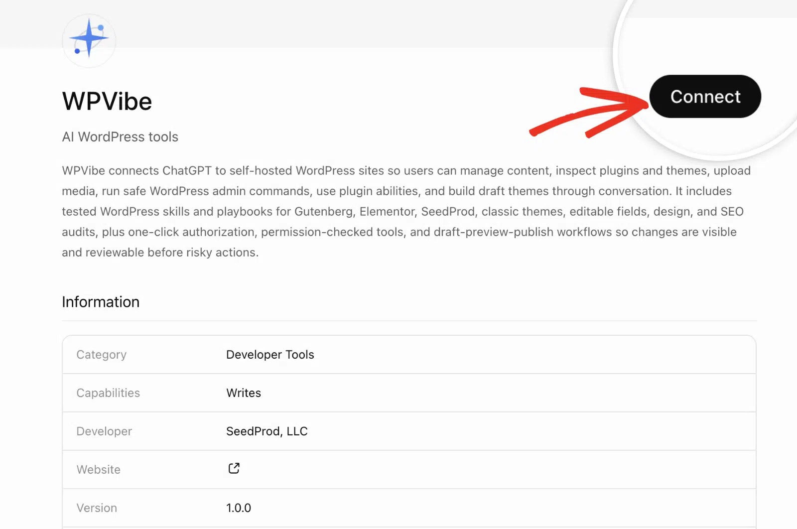 WPVibe app page in ChatGPT with the Connect button highlighted