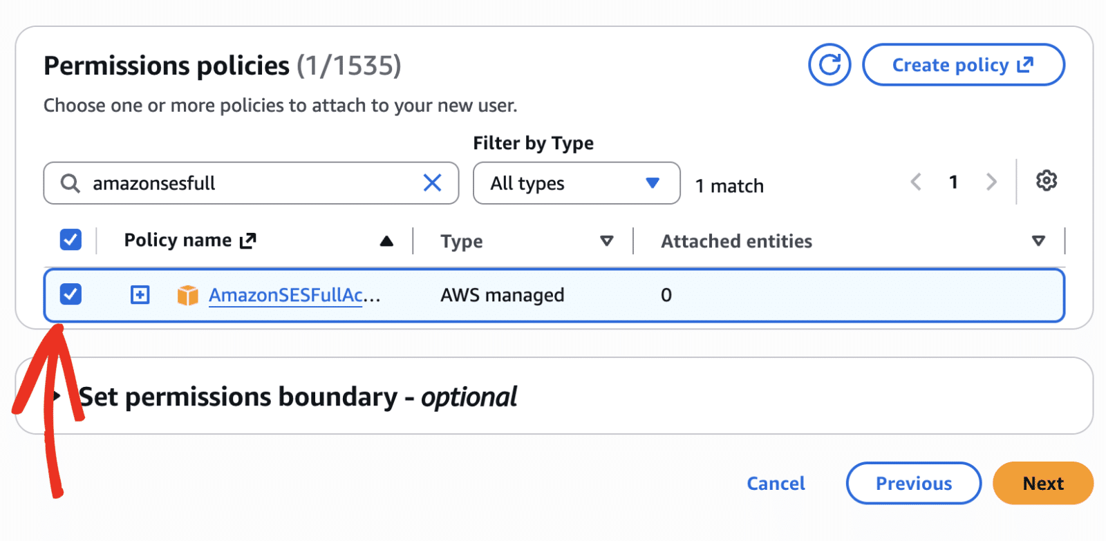 Enabling the AmazonSESFullAccess policy
