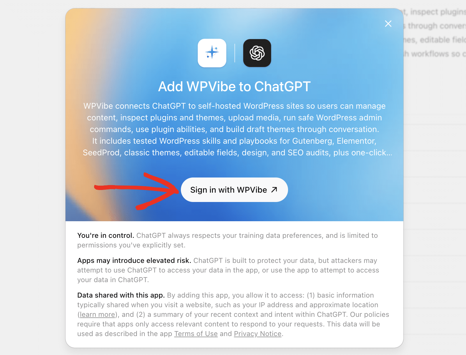 Ajouter WPVibe à ChatGPT modal avec le bouton Se connecter avec WPVibe