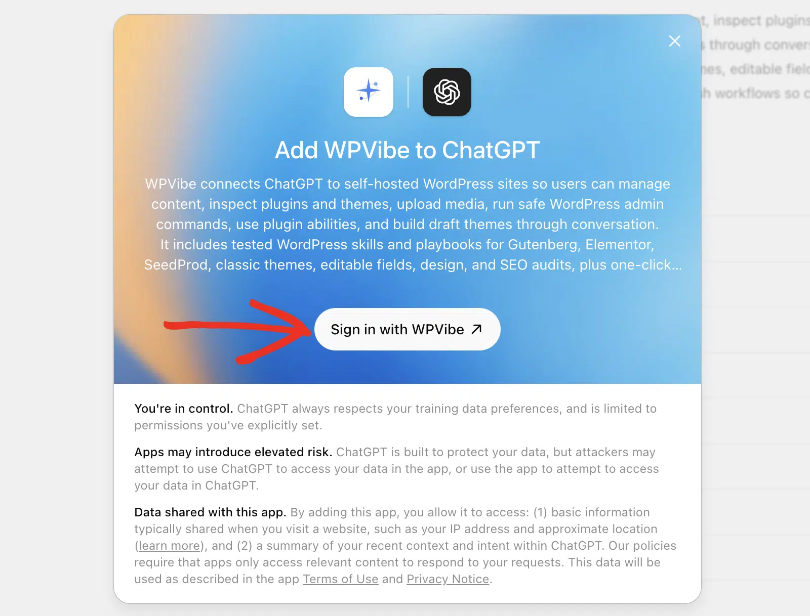 Add WPVibe to ChatGPT modal with the Sign in with WPVibe button