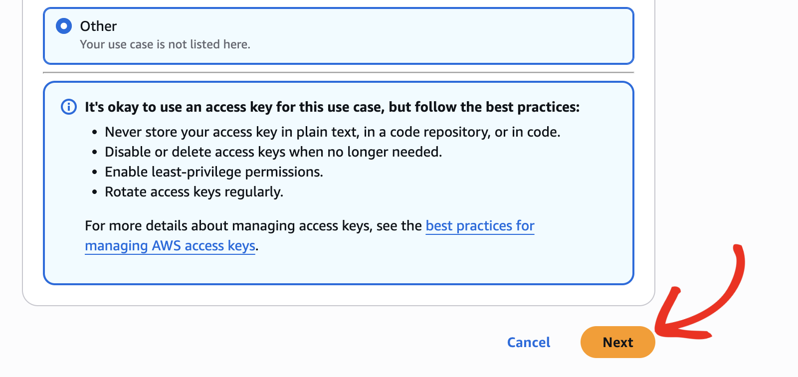Clicking Next after attaching the policy