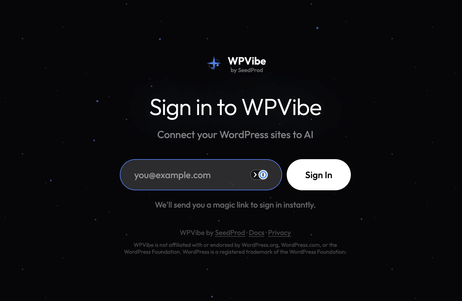 Écran de connexion WPVibe avec un champ e-mail et un bouton Se connecter