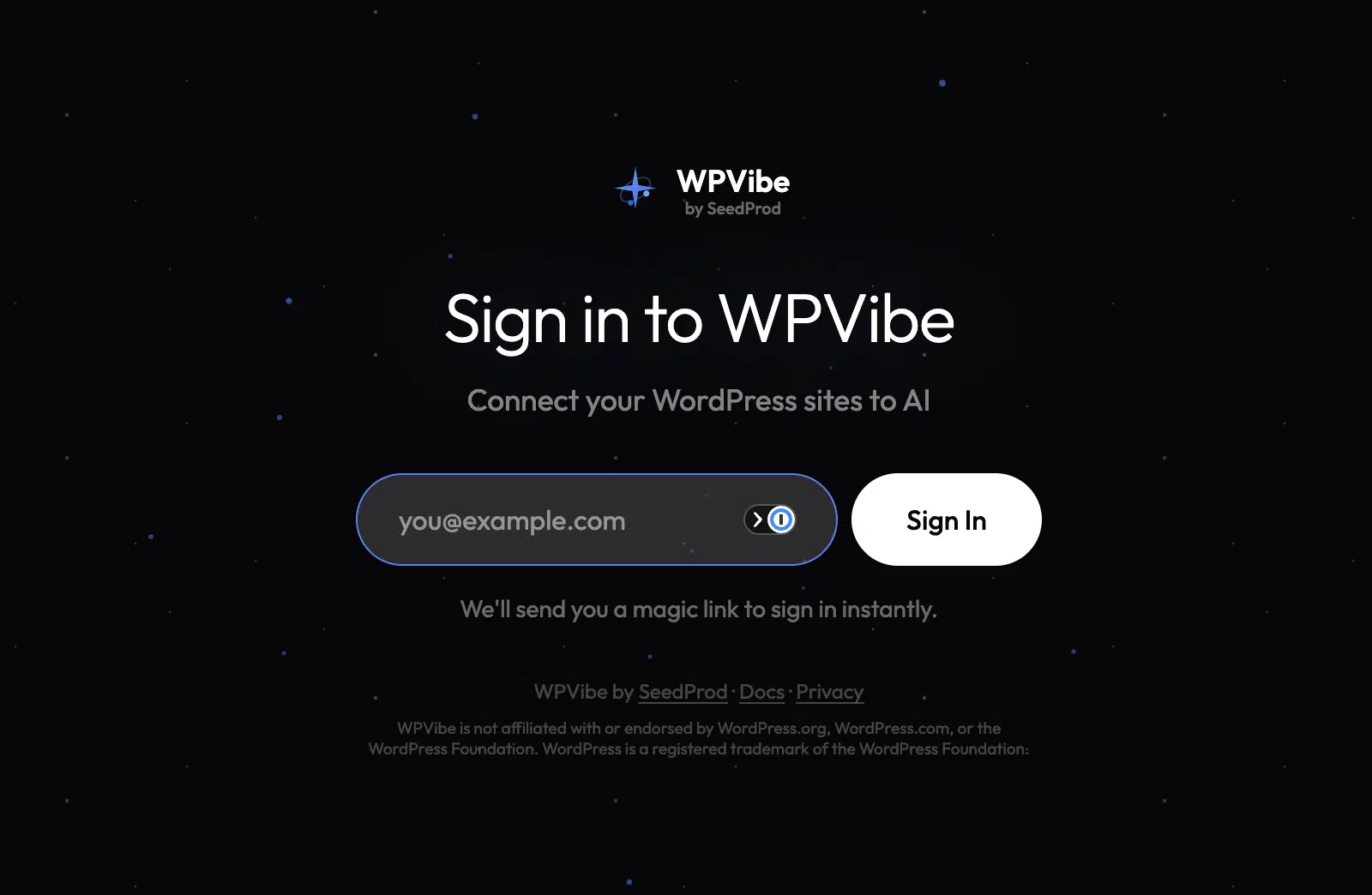 WPVibe sign-in screen with an email field and a Sign In button