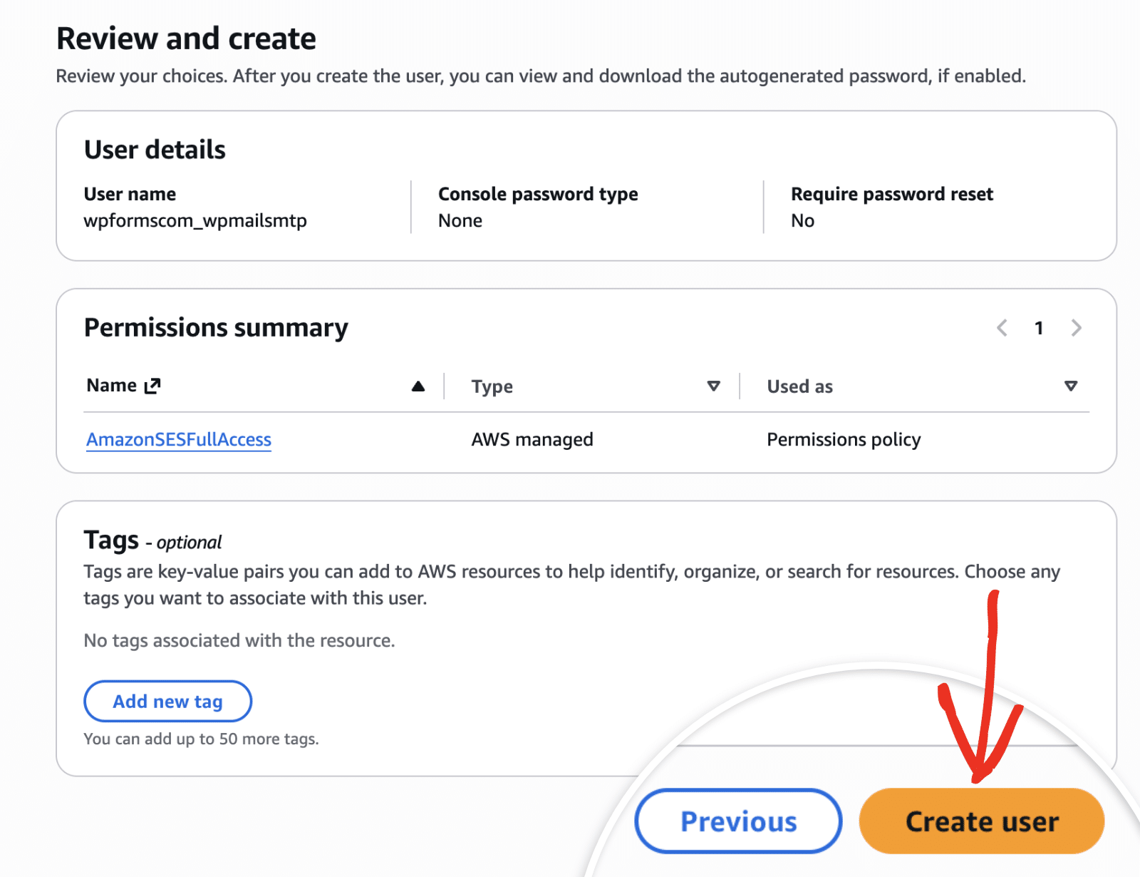 Reviewing details and clicking Create user