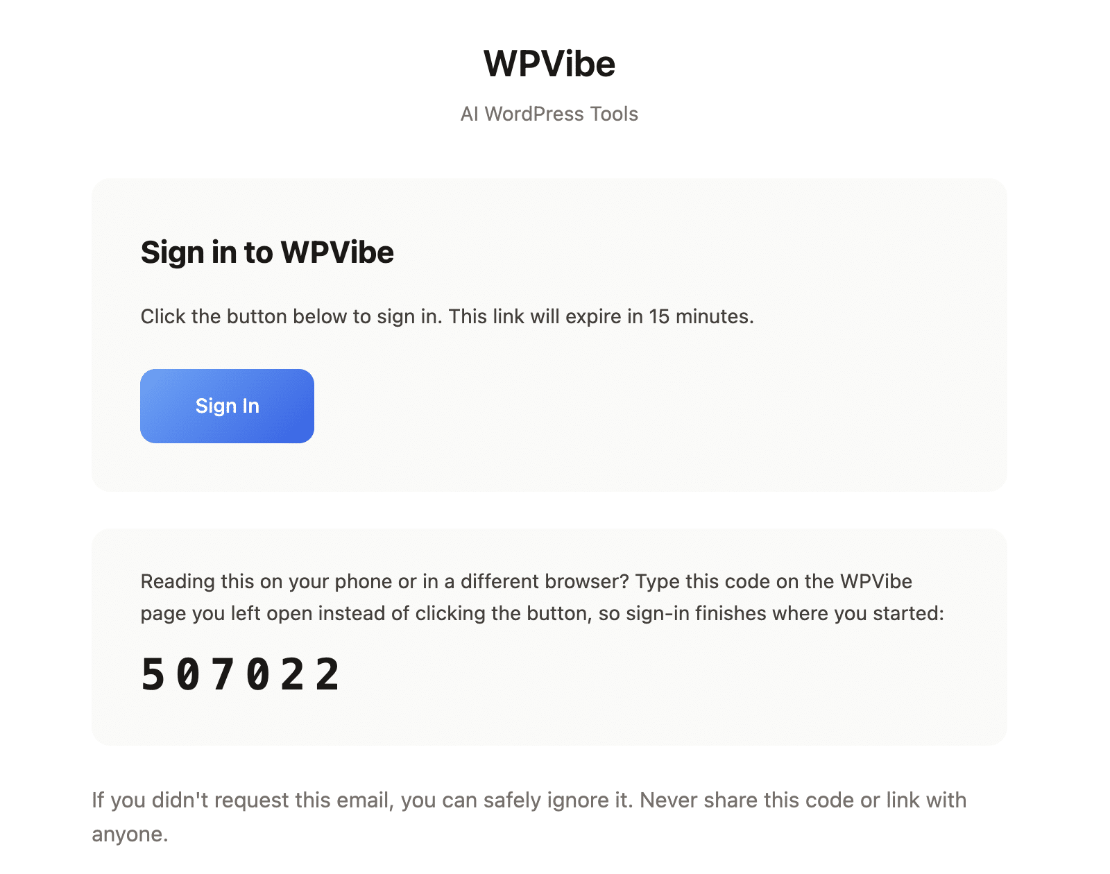 E-mail de connexion magic-link WPVibe avec un bouton Se connecter et un code de secours