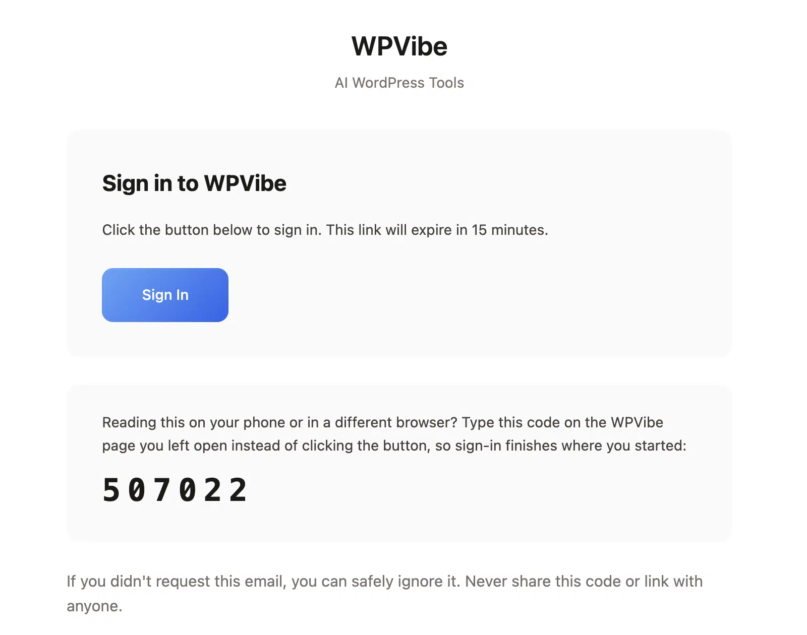 WPVibe magic-link sign-in email with a Sign In button and a backup code