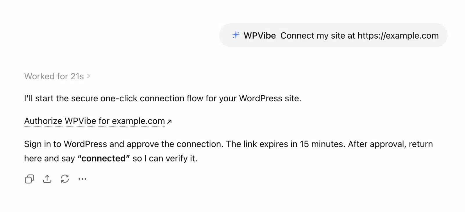 ChatGPT starting the connection flow with an Authorize WPVibe link for the site