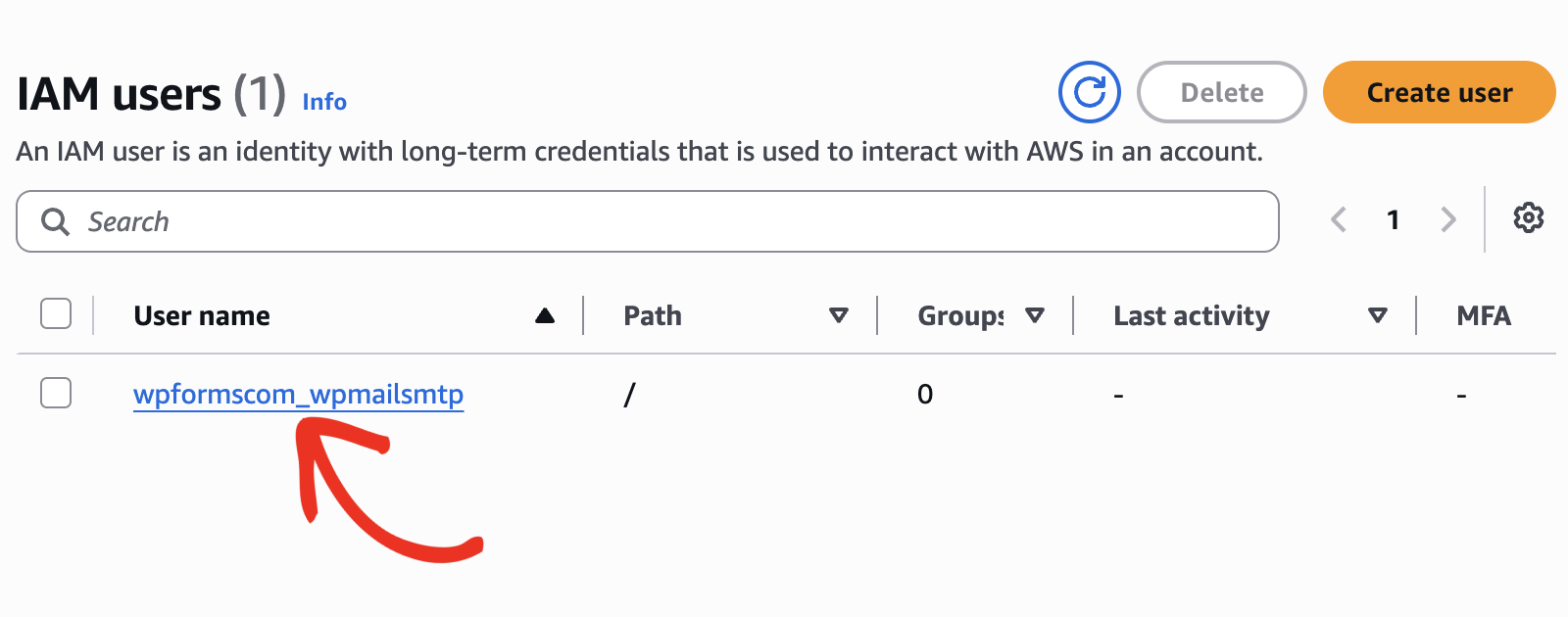 Selecting the new IAM user from the list