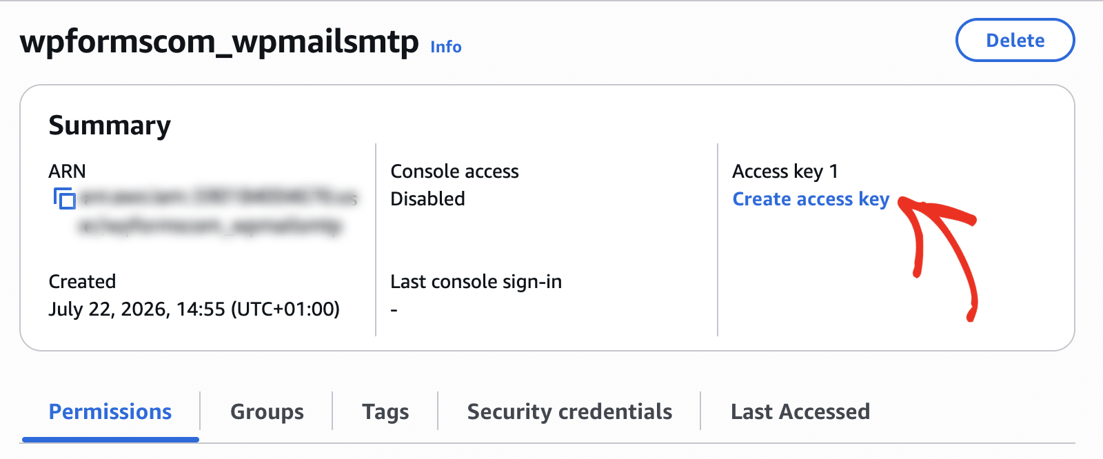 The Create access key button under Security credentials