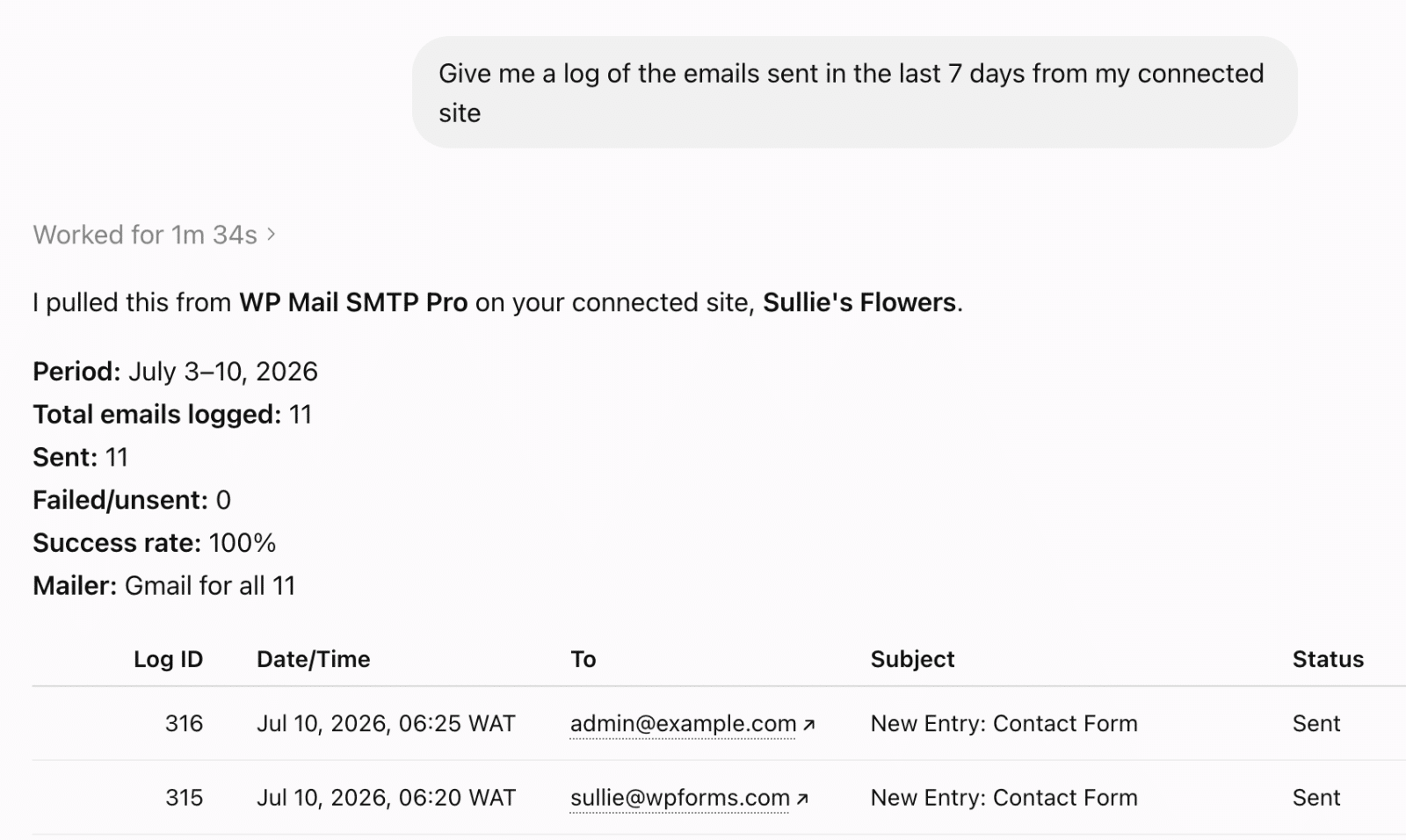 Réponse ChatGPT listant les détails du journal d'e-mails de WP Mail SMTP Pro avec un tableau des envois