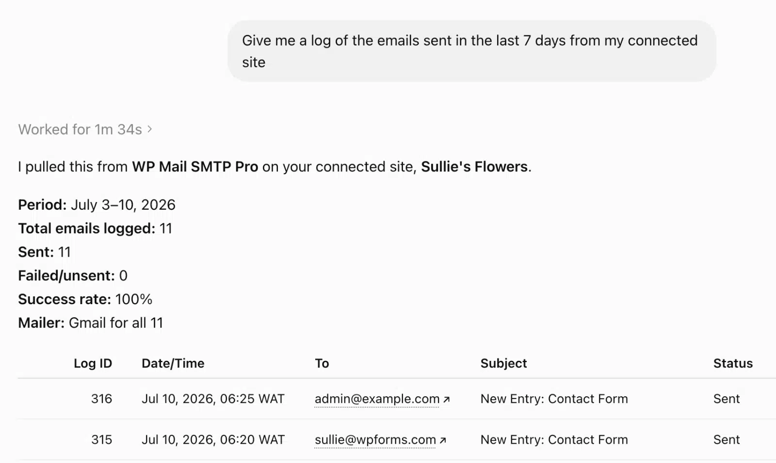 ChatGPT response listing WP Mail SMTP Pro email log details with a table of sends