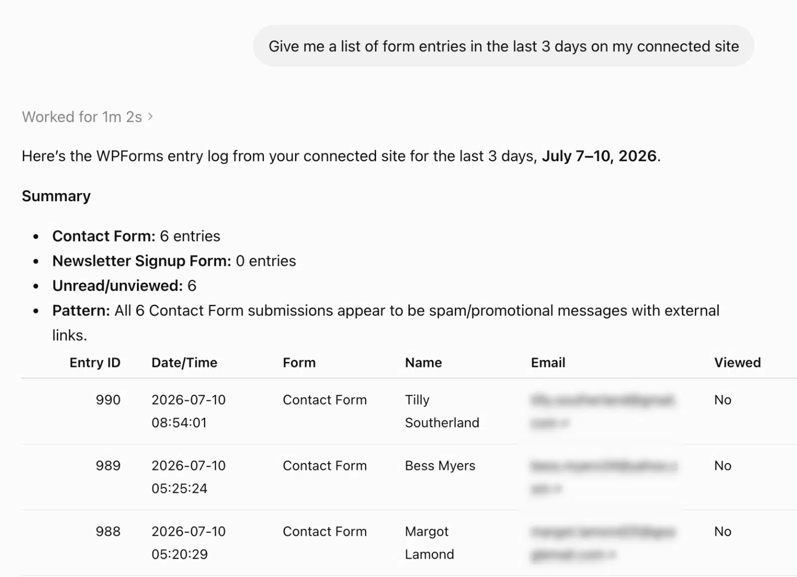 ChatGPT response showing a WPForms entry log with a summary and a table of entries
