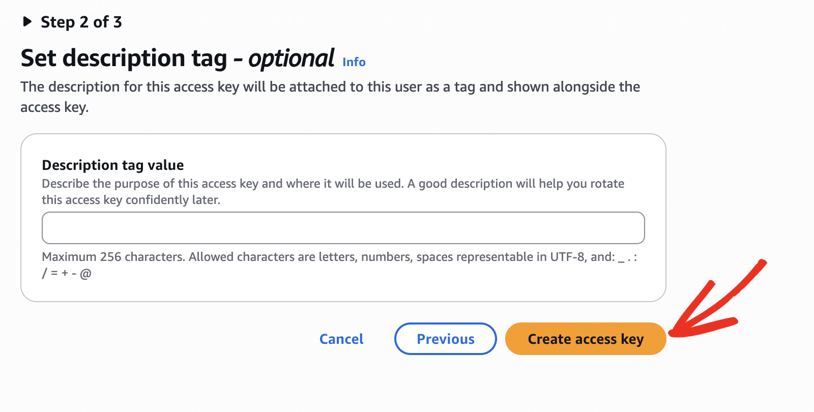 Adding a description and creating the access key