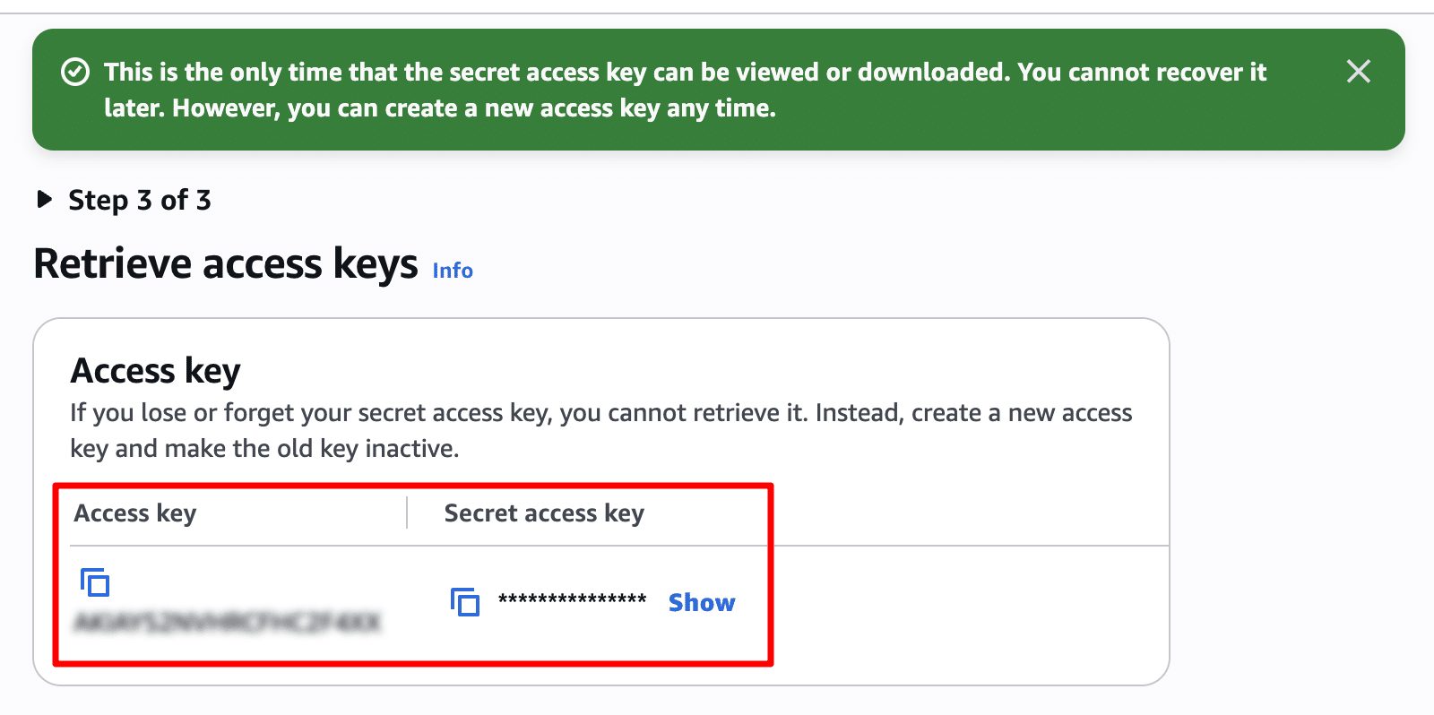 The generated Access key ID and Secret access key