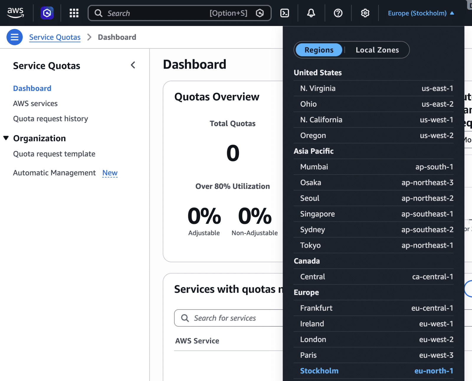 Selecting your AWS region in the console
