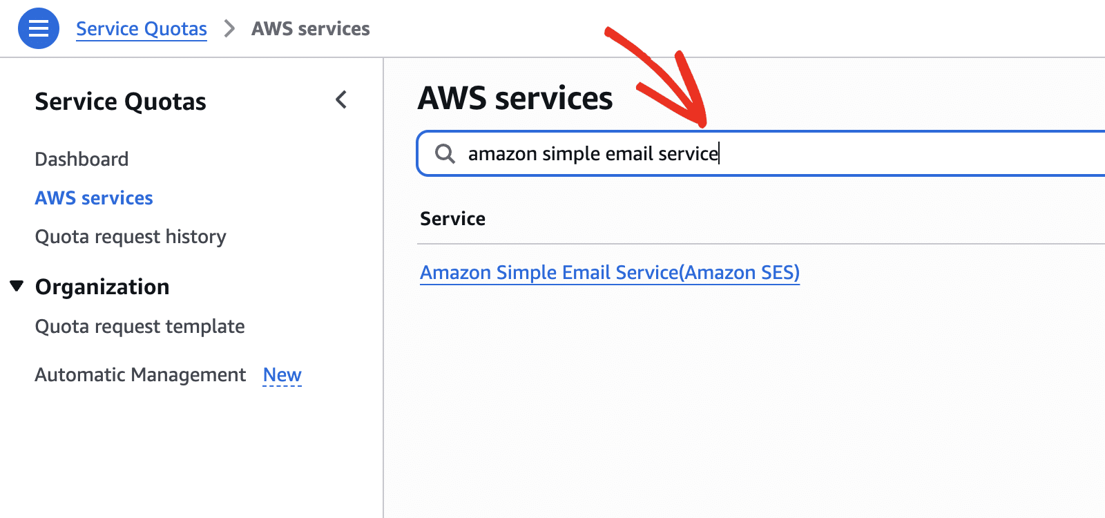 Searching for Amazon Simple Email Service in Service Quotas