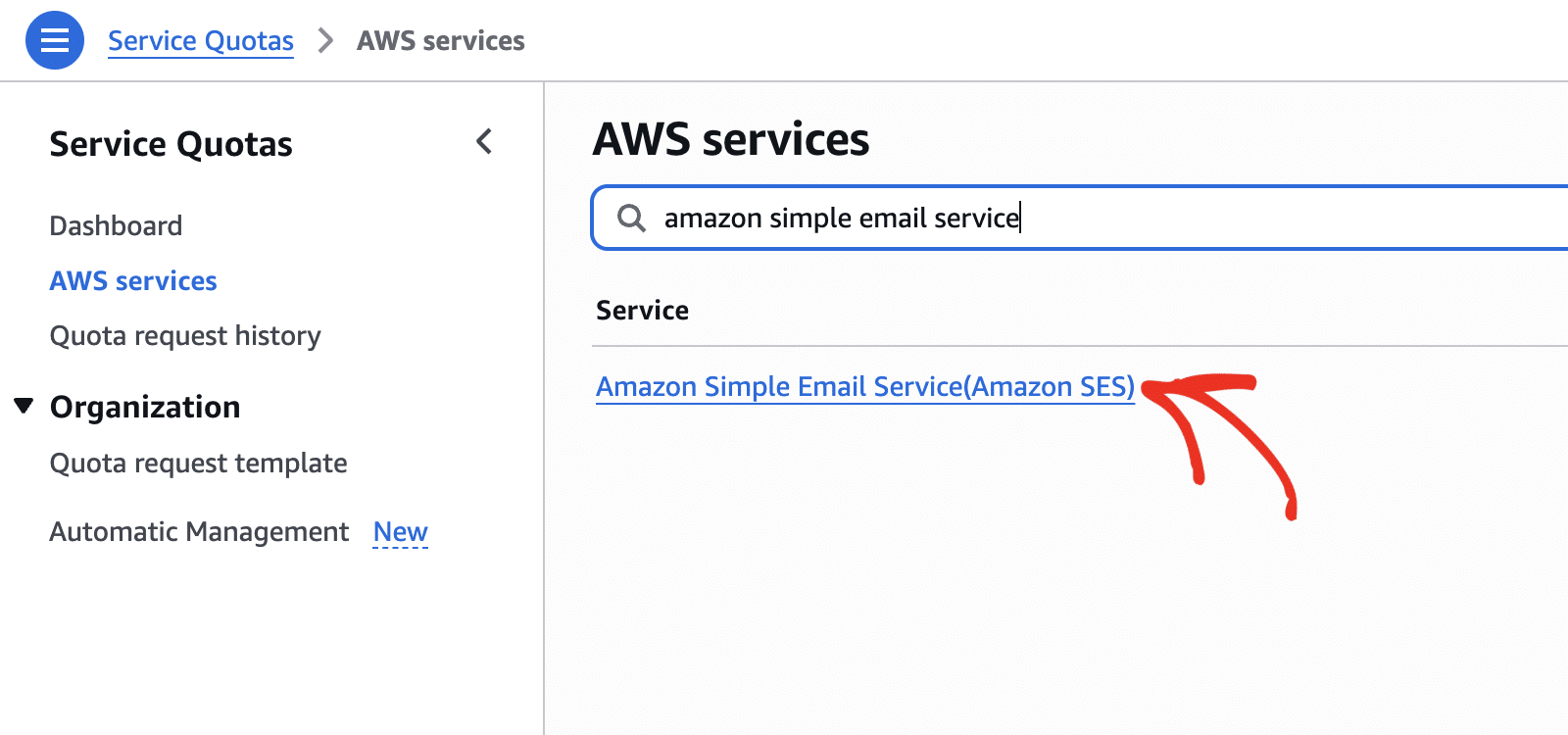 The Amazon SES service in the Service Quotas dashboard