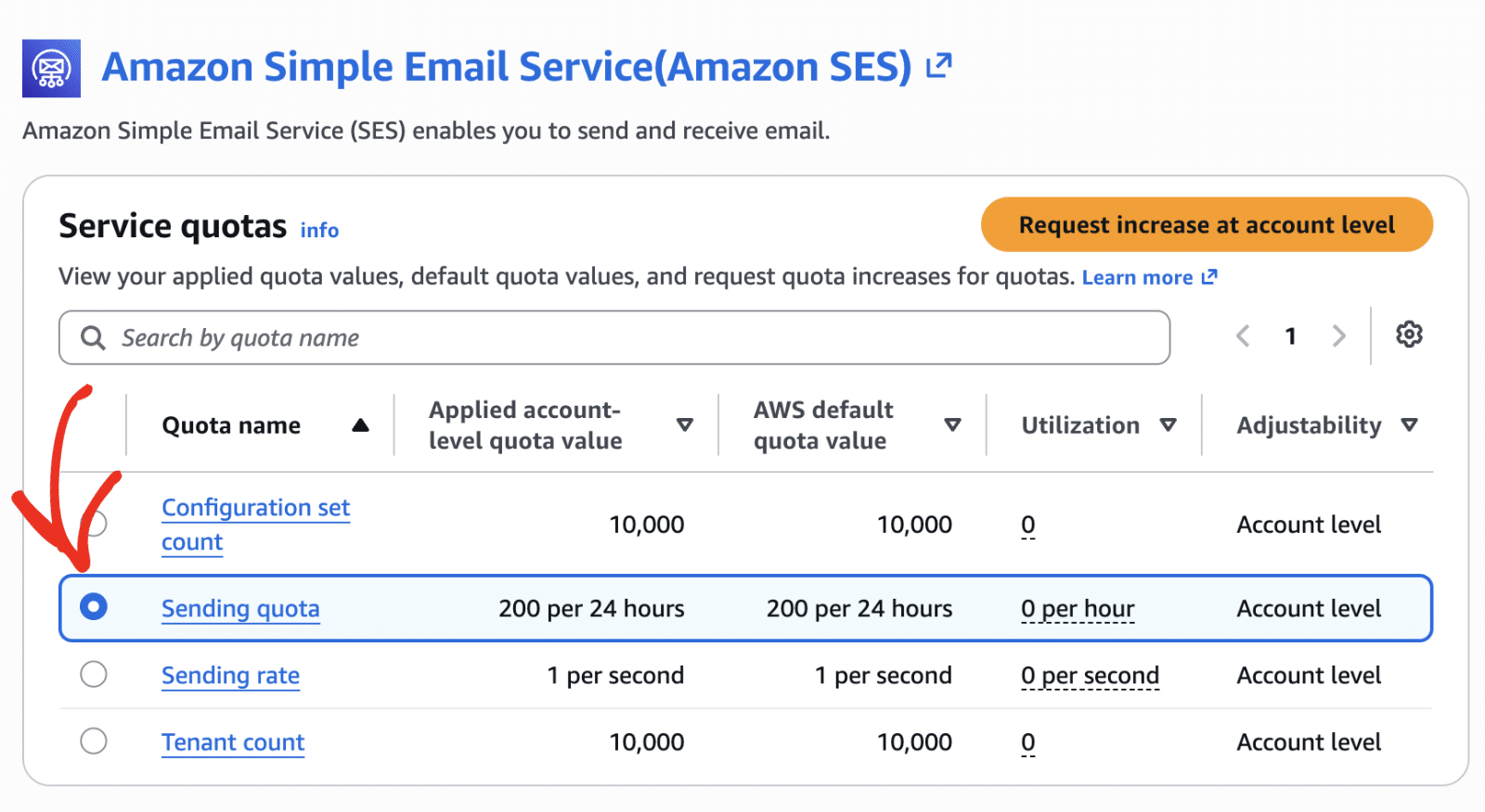 Selecting the Sending quota row