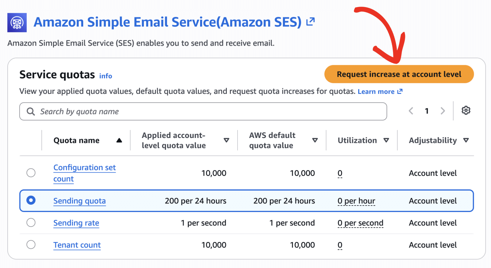 The Request increase at account level button