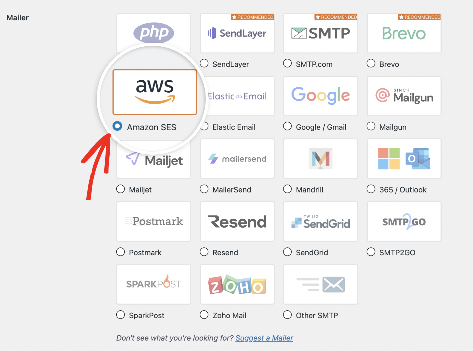 Select the Amazon SES Mailer Selecting the Amazon SES mailer in WP Mail SMTP