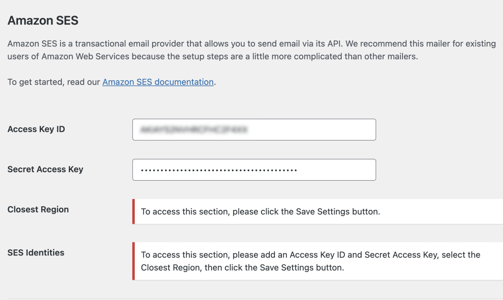 Enter Your Access Key and Secret Key Entering the Access Key ID and Secret Access Key in WP Mail SMTP
