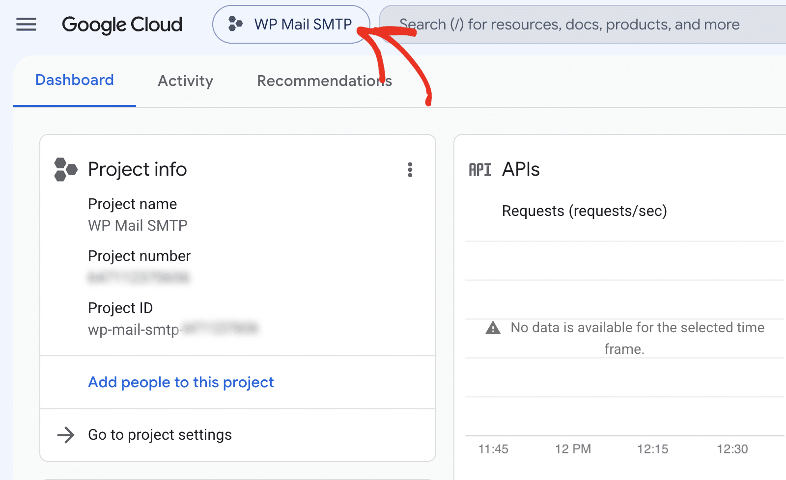 Abrindo o menu suspenso de projetos do Google Cloud