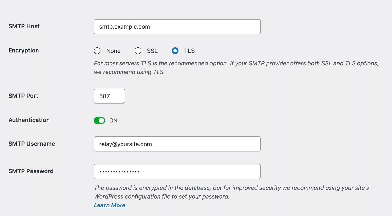 WP Mail SMTP settings page showing SMTP host, port, and encryption fields