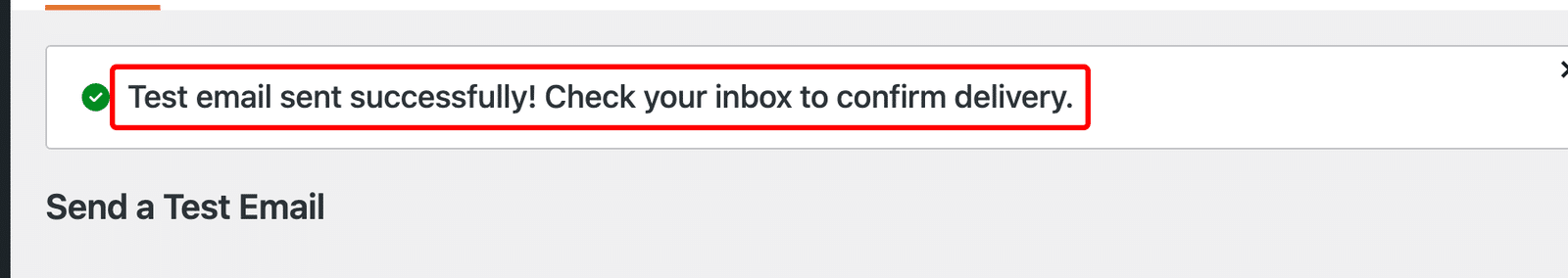 WP Mail SMTP Email Test tab showing a successful test result