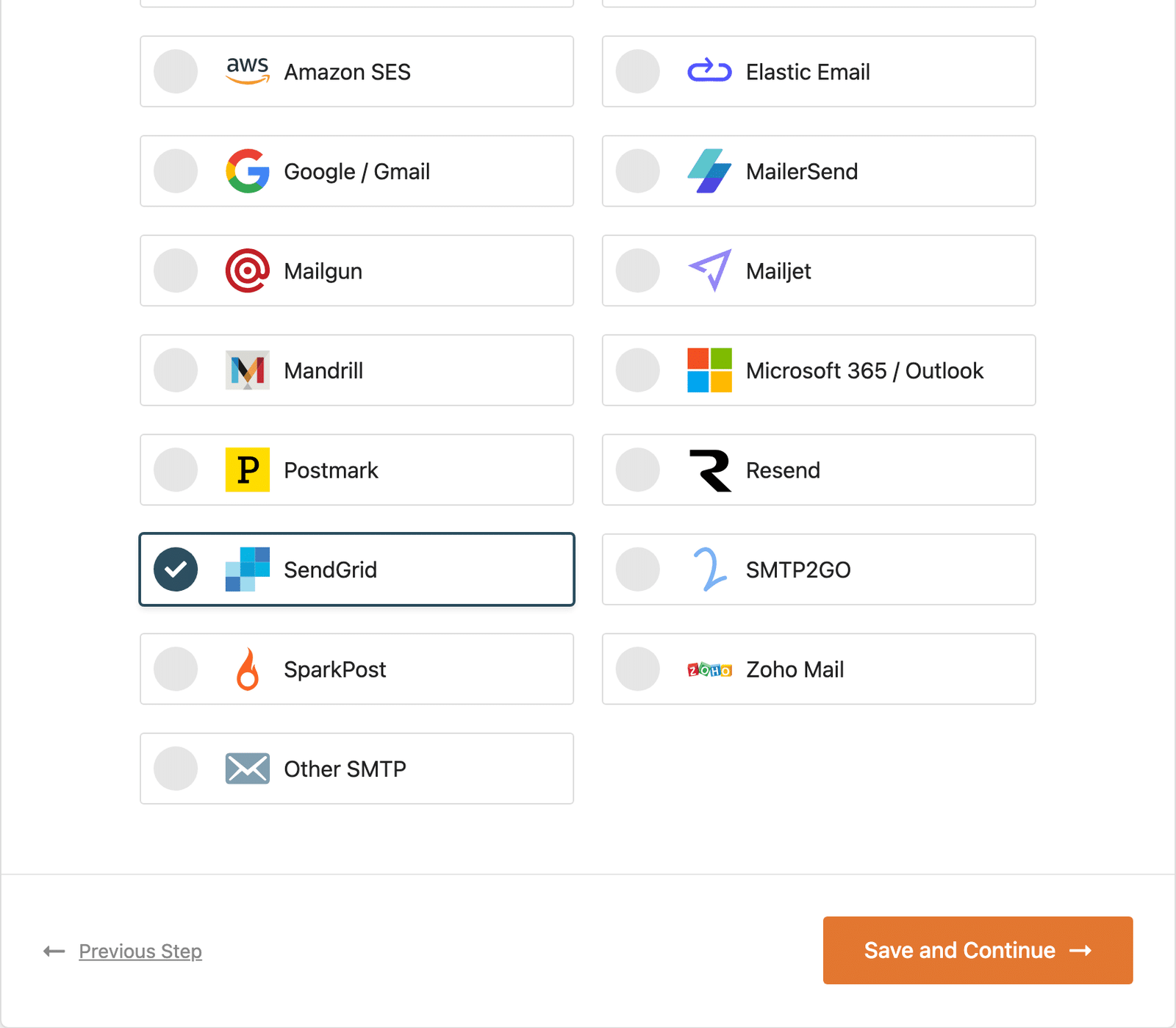 WP Mail SMTP Setup Wizard mailer selection screen with SendGrid selected