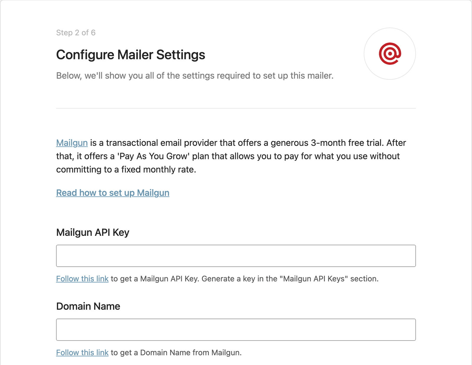 WP Mail SMTP Setup Wizard Mailgun settings step showing the API Key, Domain Name, and Region fields
