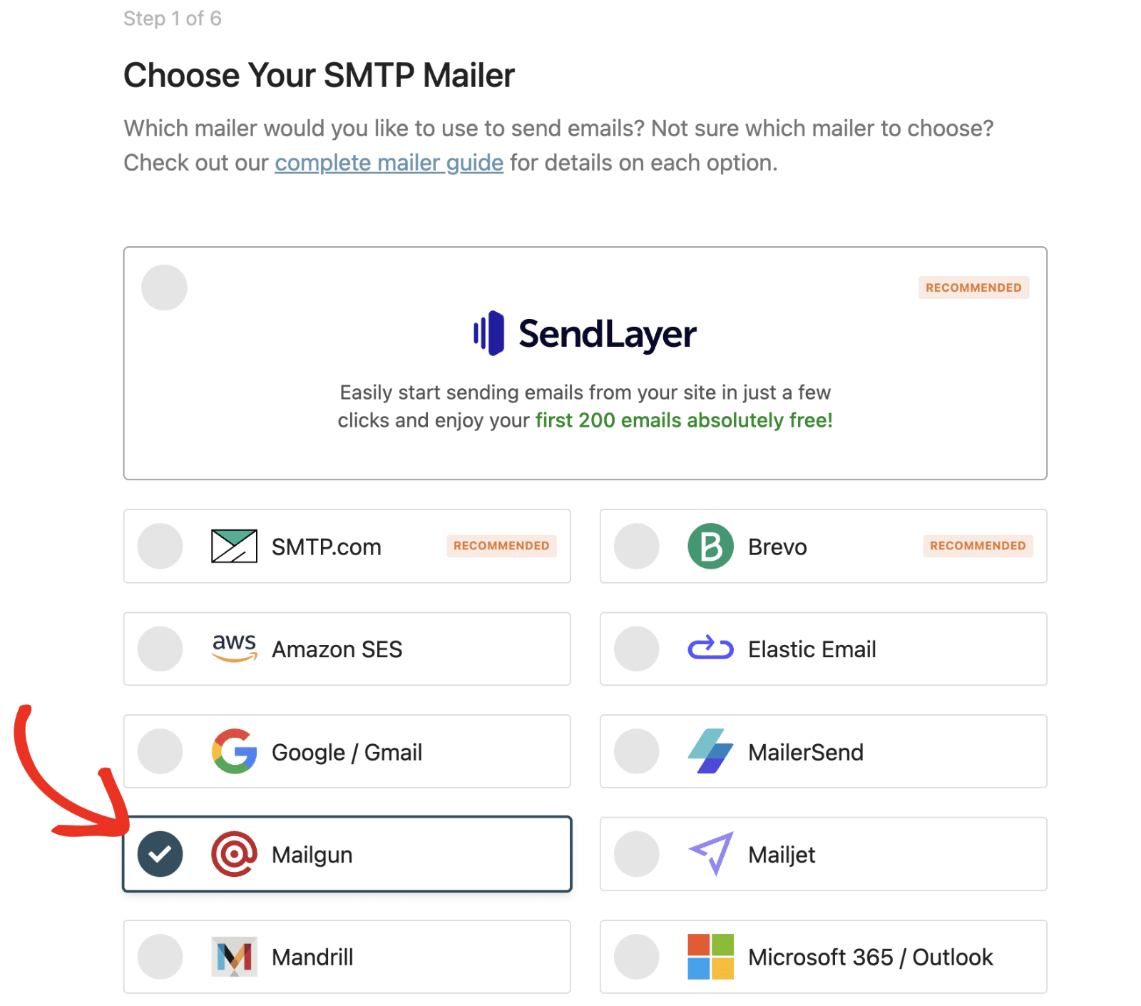 WP Mail SMTP Setup Wizard mailer selection screen with Mailgun selected
