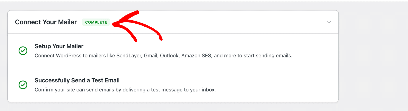 La sezione Connetti il tuo provider di posta contrassegnata come Completata, con Configura il tuo provider di posta e Invia con successo un'email di prova selezionate