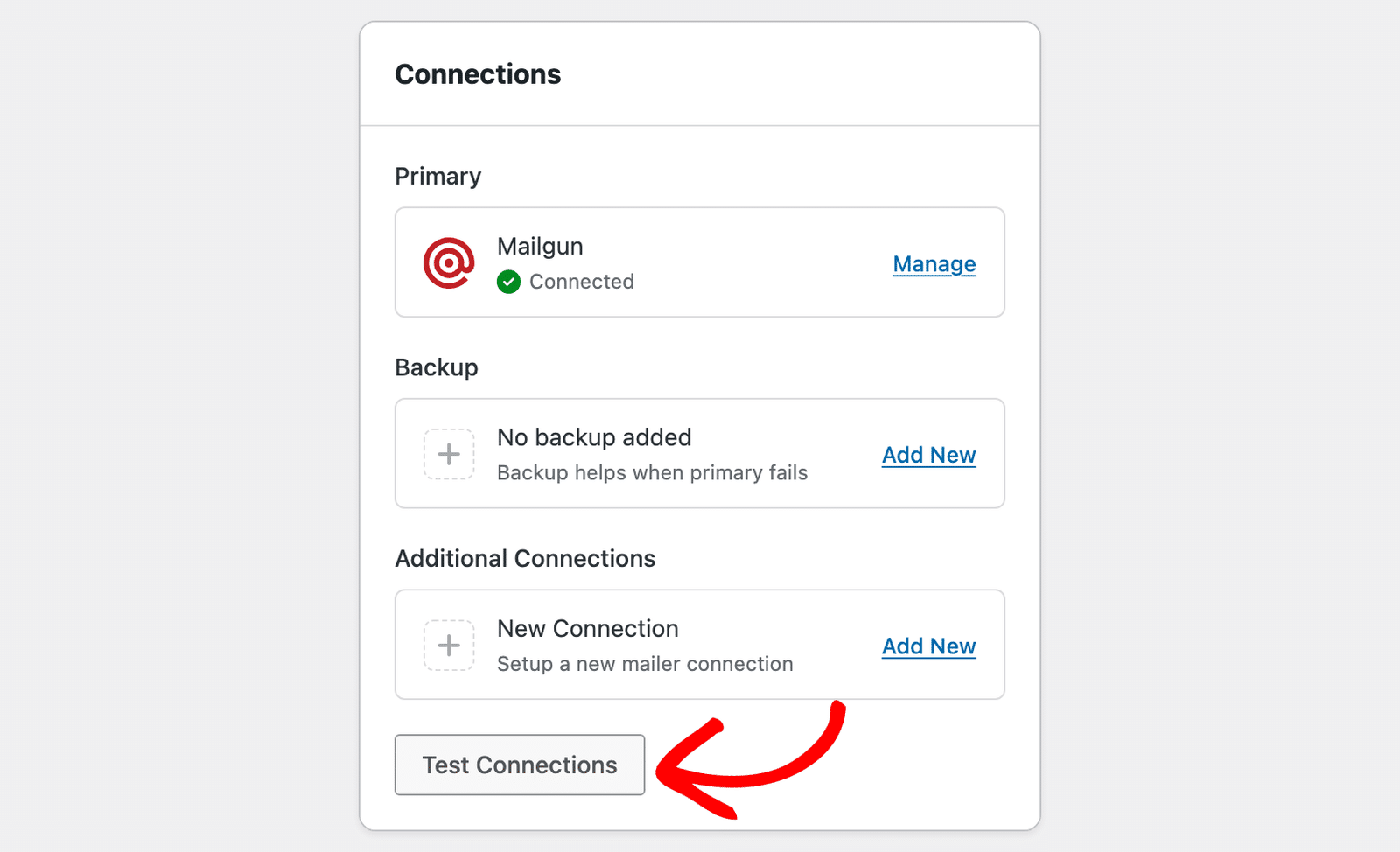 Il widget Connessioni che mostra un mittente primario connesso, una riga di backup vuota, Connessioni aggiuntive e il pulsante Test connessioni