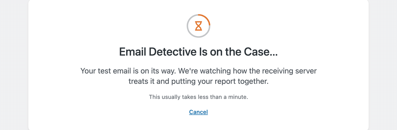 La schermata di avanzamento Email Detective è al lavoro con il pulsante Annulla