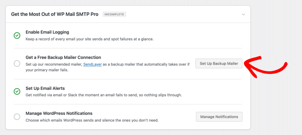 WP Mail SMTP Pro setup card listing steps: Enable Email Logging, Backup Mailer, Email Alerts, and Notifications.