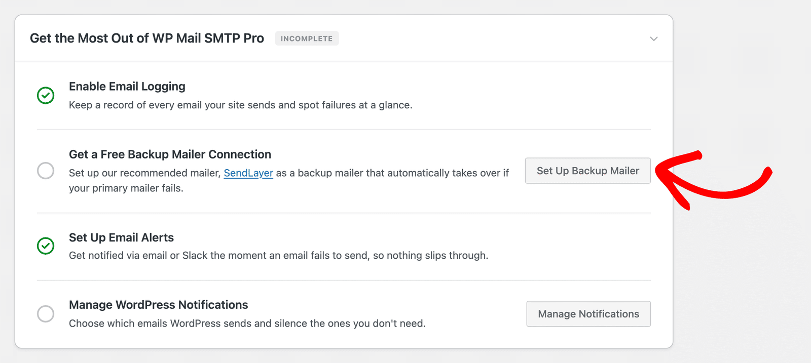 La sezione Ottieni il massimo da WP Mail SMTP Pro che mostra Abilita registrazione email, Ottieni una connessione gratuita al provider di posta di backup, Configura avvisi email e Gestisci notifiche WordPress
