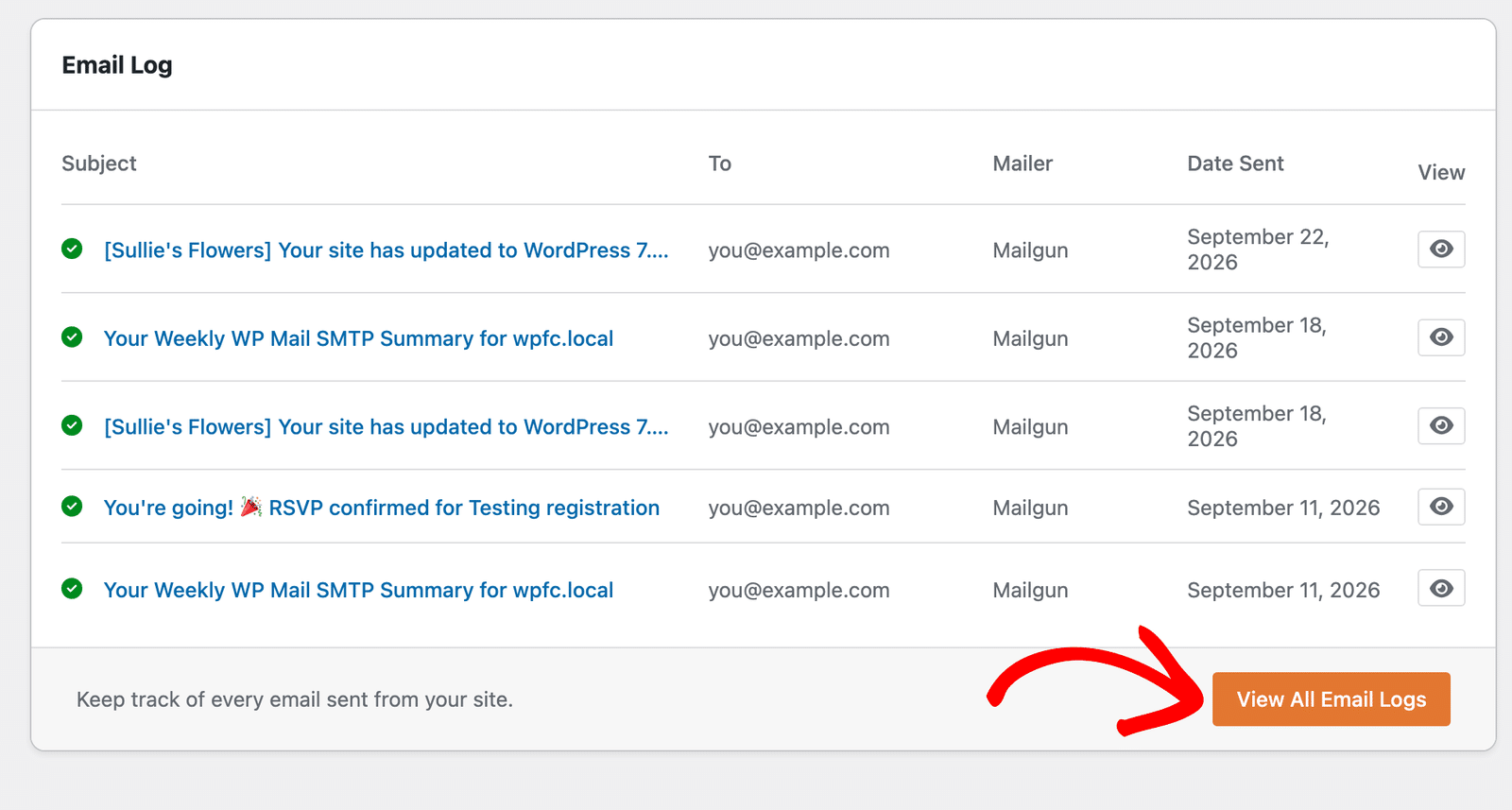 Il widget Registro email che elenca le email recenti con l'icona dell'occhio e il pulsante Visualizza tutti i registri email