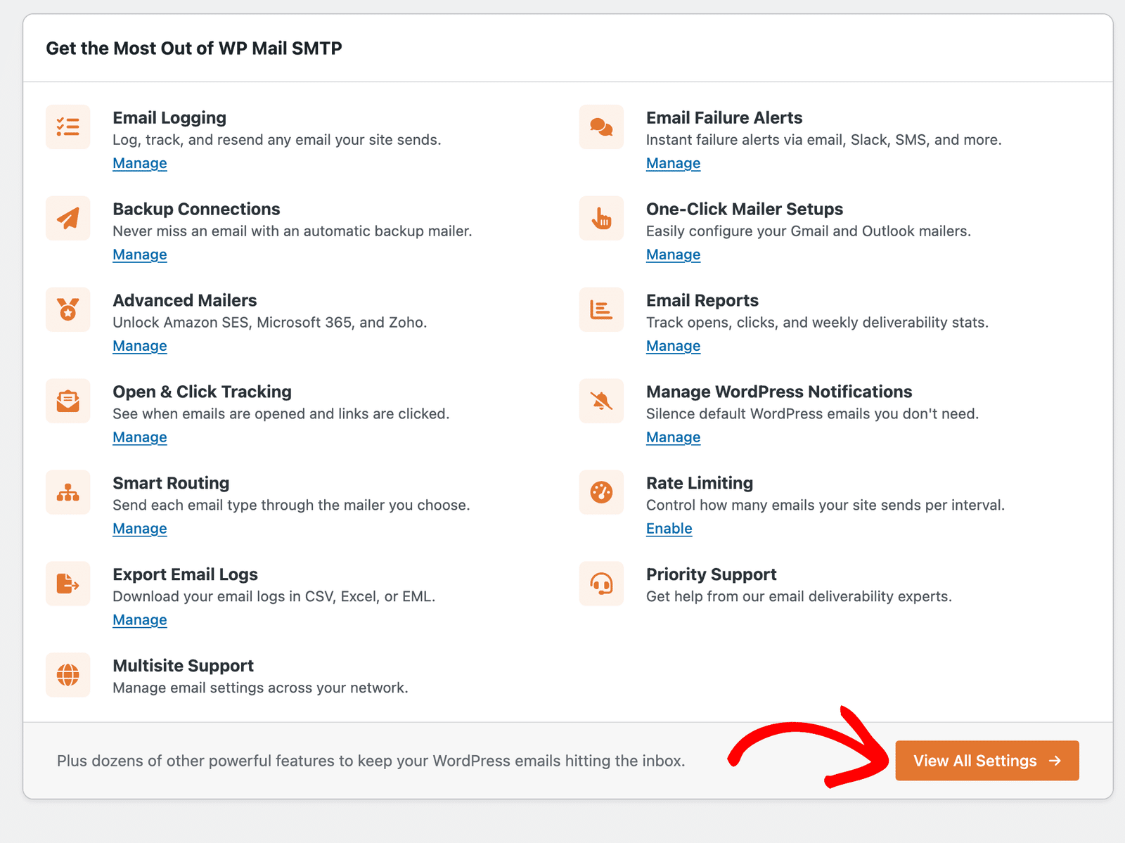 La sezione Ottieni il massimo da WP Mail SMTP che elenca le funzionalità Pro con link Gestisci e il pulsante Visualizza tutte le impostazioni
